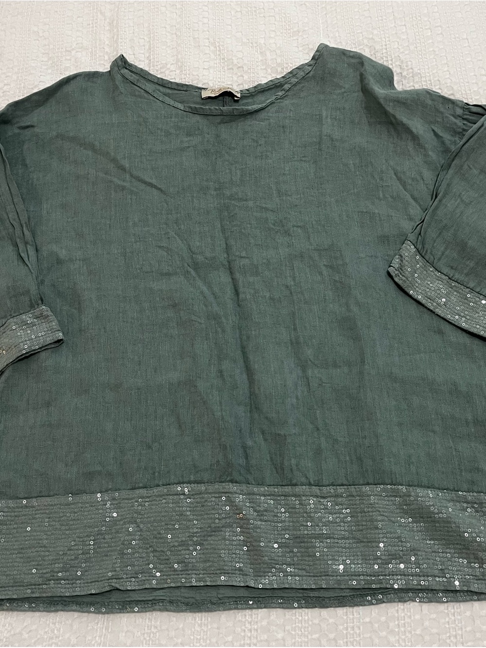 Bellambra Relaxed Sage Light Teal Linen Tunic with Sequin Trim Sz L Breezy - Picture 2 of 9